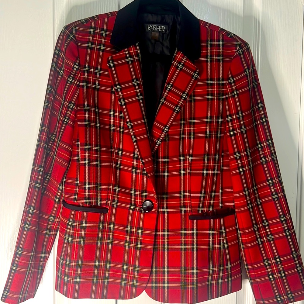 Plaid Casper blazer with black color, trim, and large black button.